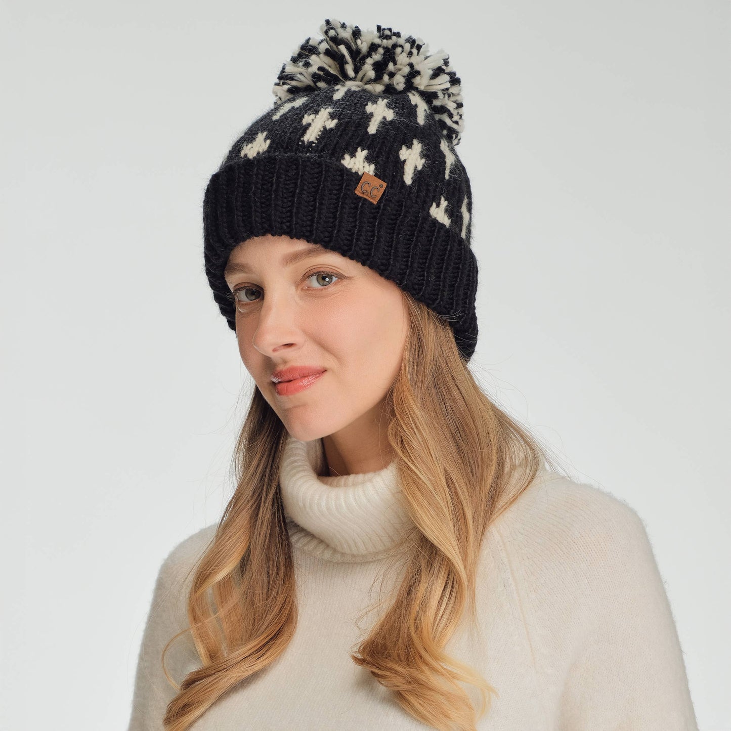 Cross Pattern All Over Yarn Big Pom Beanie | Black