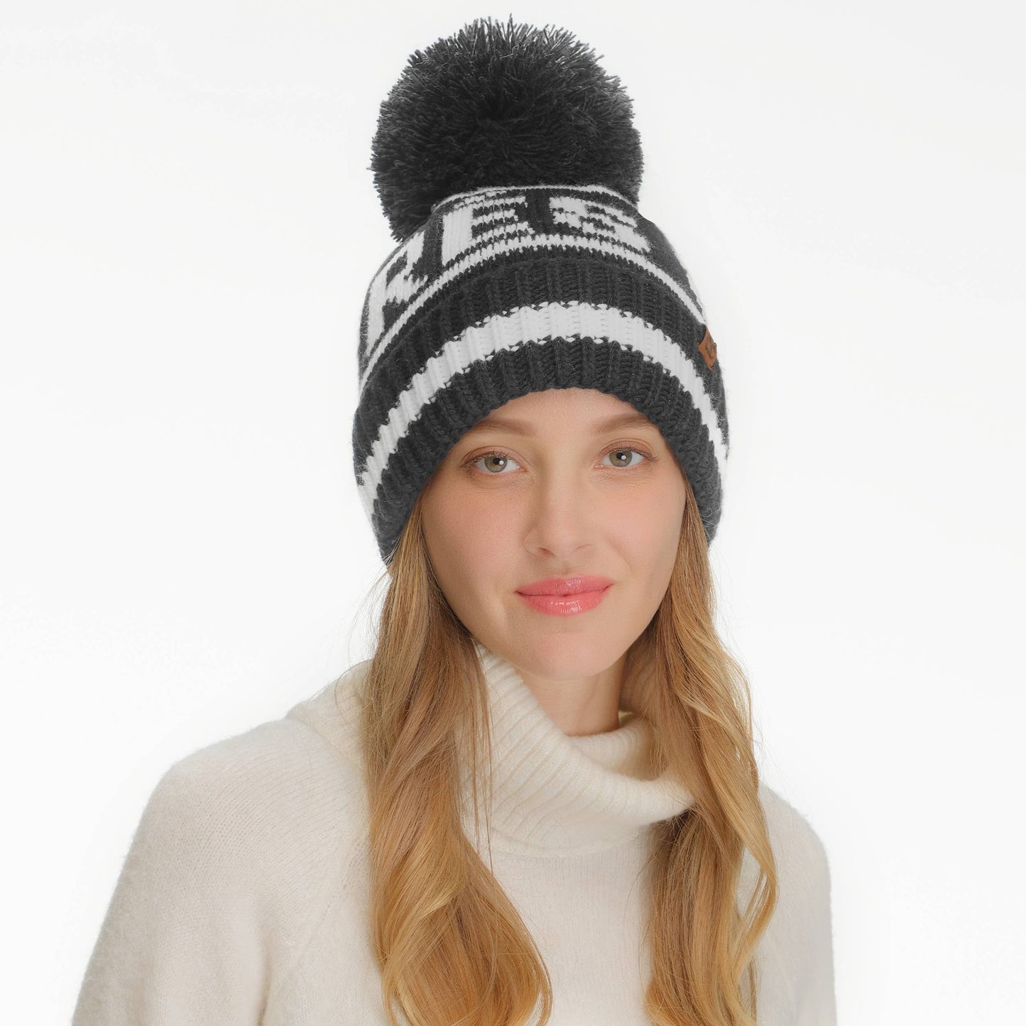 APRES SKI Lettering Yarn Pom Beanie Hat | Black + Ivory
