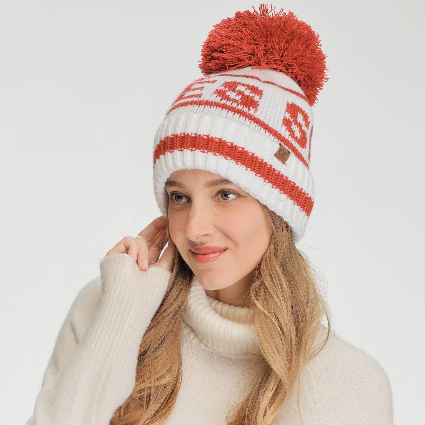 APRES SKI Lettering Yarn Pom Beanie Hat | Ivory + Red