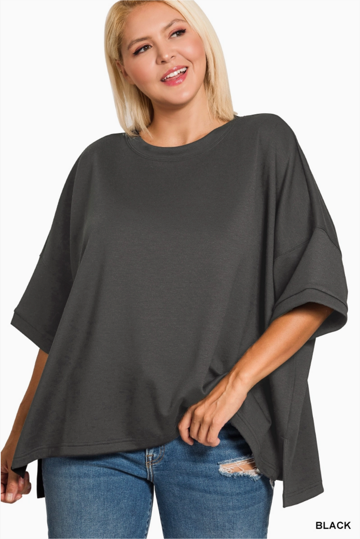Scuba Round Neck Top with Side Slits | Black