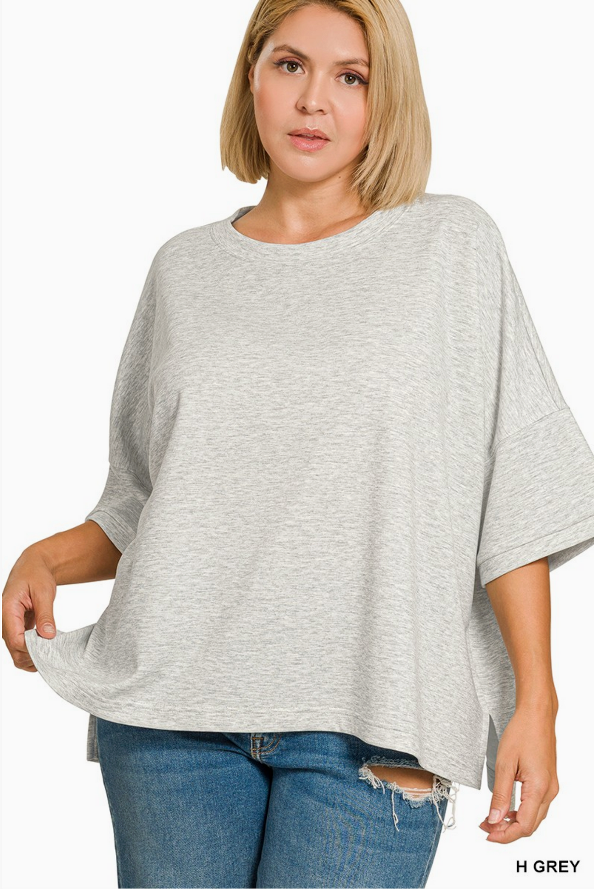 Scuba Round Neck Top with Side Slits | Hthr. Grey