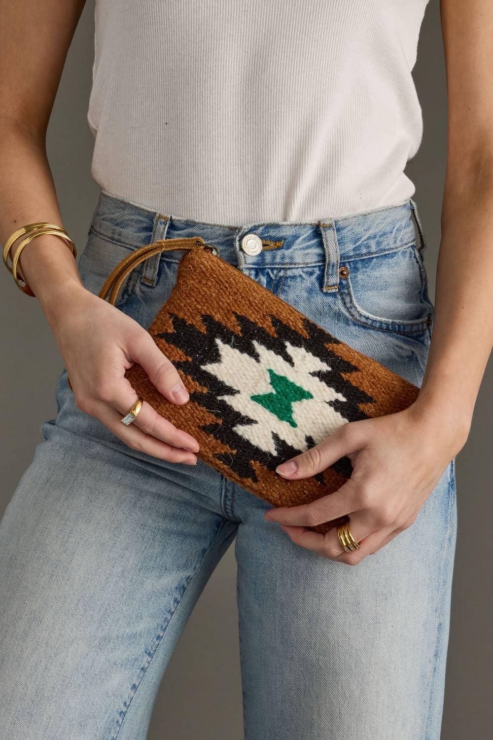 Brown, Black, Green & White Western Wristlet