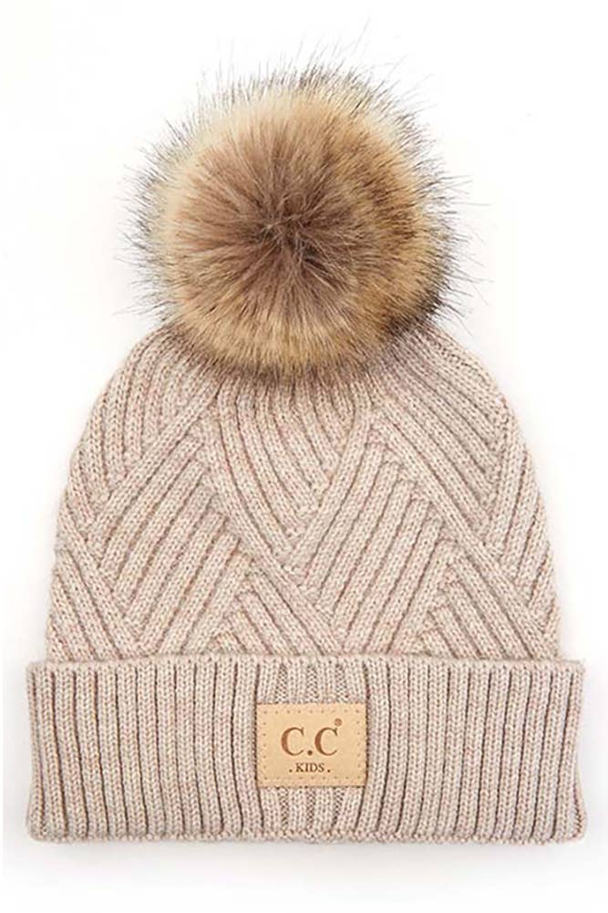 Kids Diagonal Stripe Criss Cross Pattern Pom Beanie | Beige