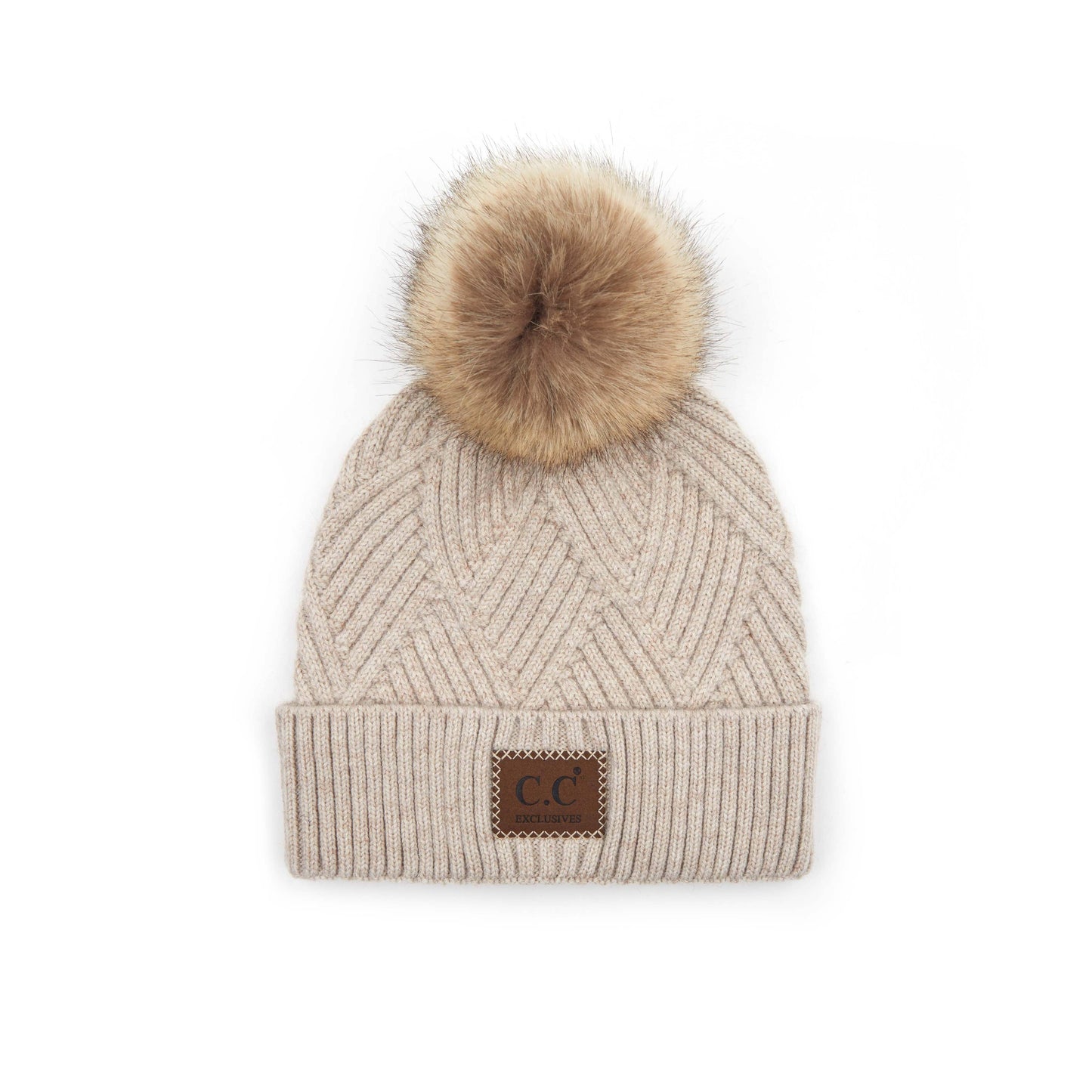 Heather Beanie With Pom And Suede Patch Winter Hat | Beige