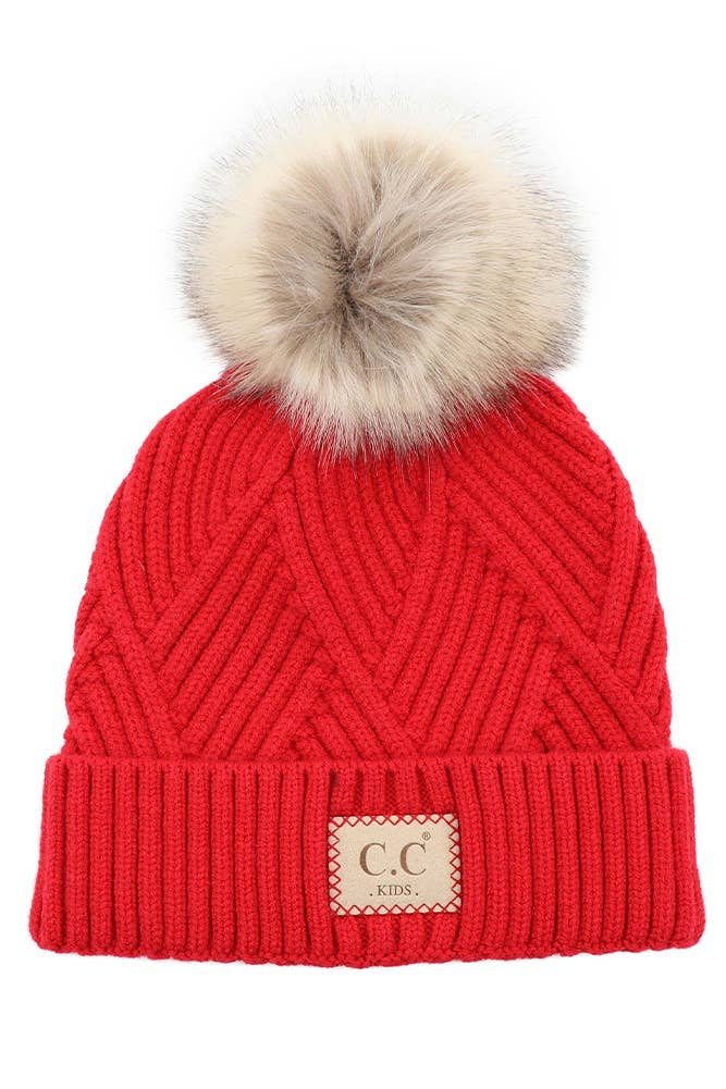 Kids Diagonal Stripe Criss Cross Pattern Pom Beanie | Red