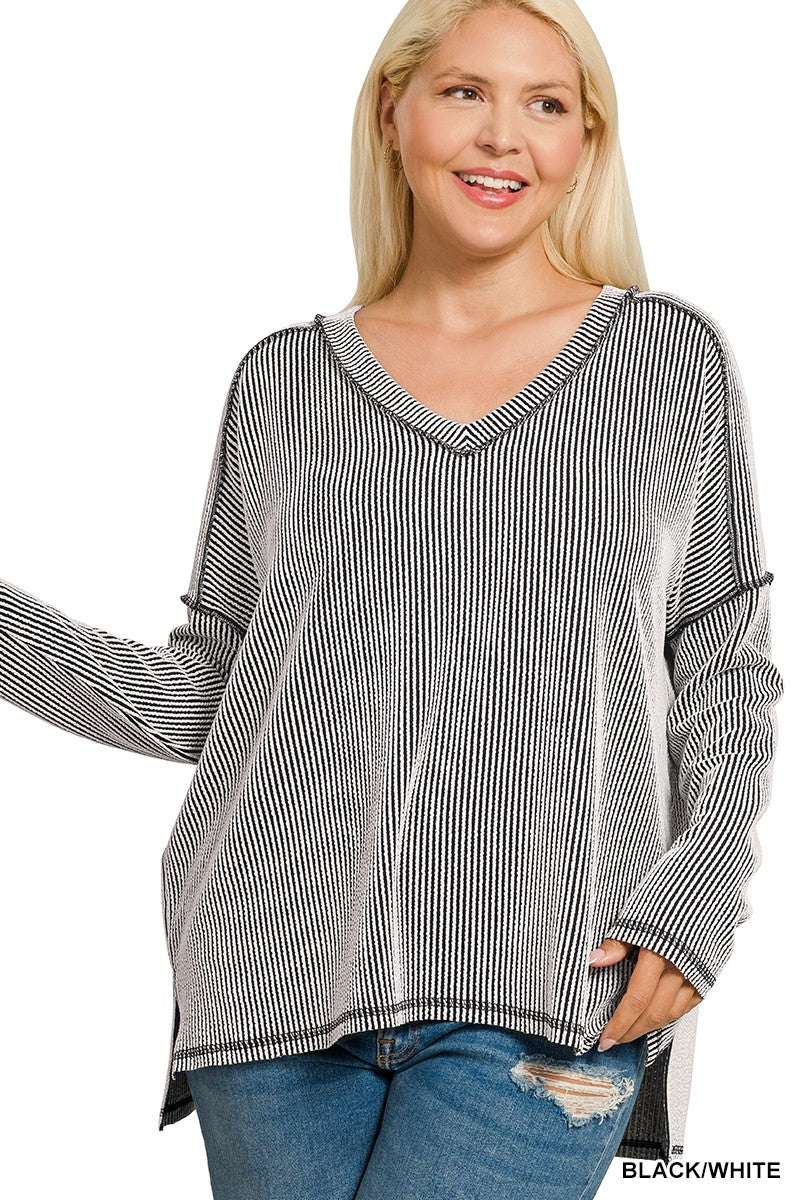 Corded Rib Long Sleeve V Neck Top