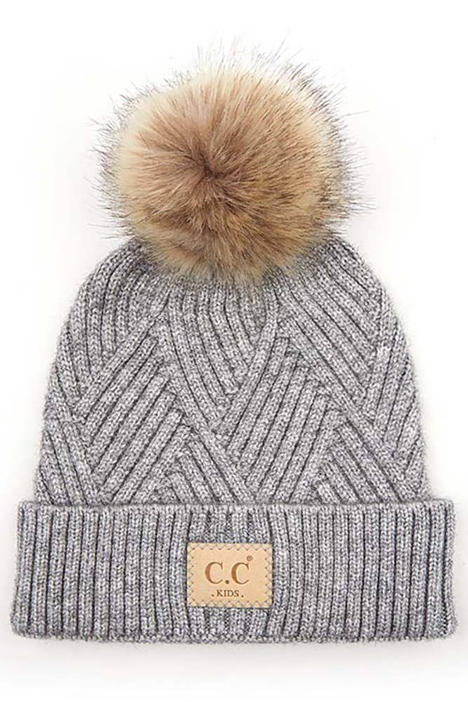 Kids Diagonal Stripe Criss Cross Pattern Pom Beanie | Light Melange Grey