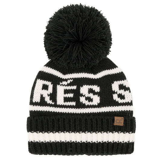 APRES SKI Lettering Yarn Pom Beanie Hat | Black + Ivory
