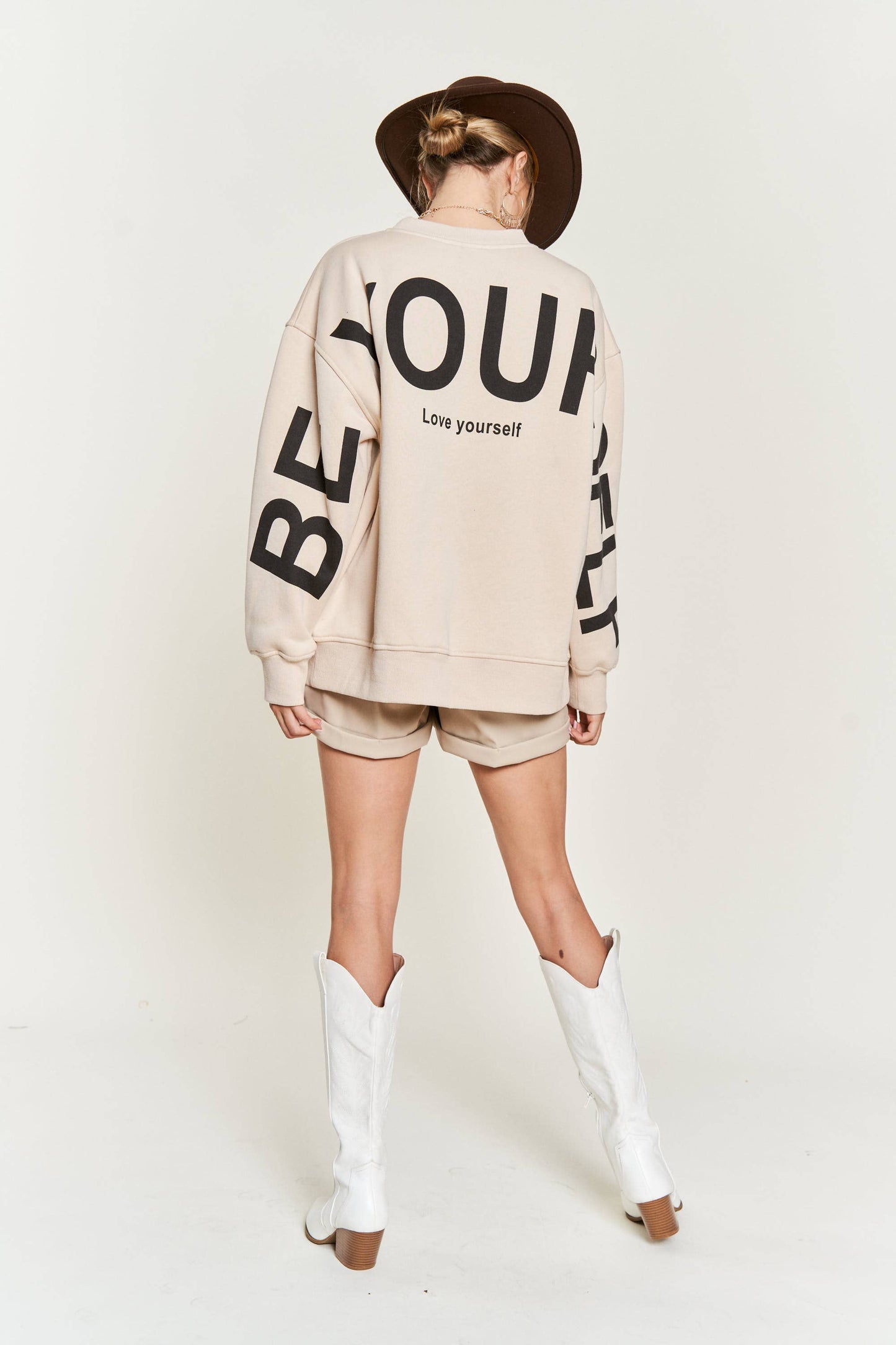 Be Yourself Love Yourself Printed Oversized Sweatshirt | Beige
