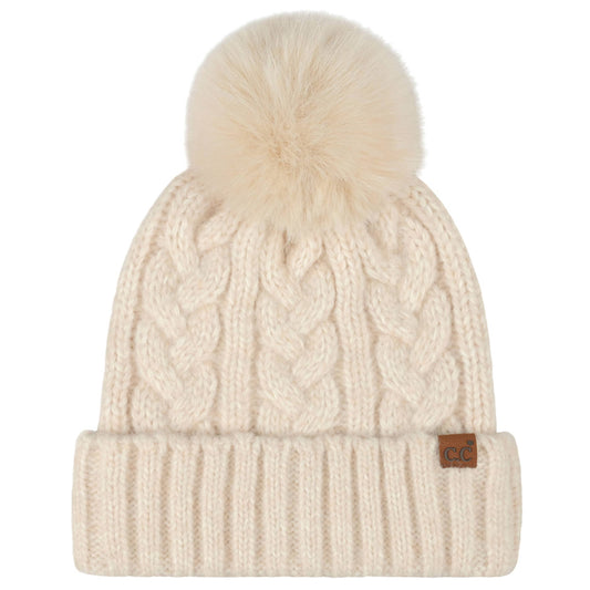 Heather Cable with Satin Lining Pom Beanie | Beige