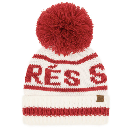 APRES SKI Lettering Yarn Pom Beanie Hat | Ivory + Red