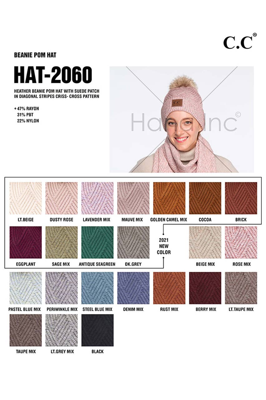 Heather Beanie With Pom And Suede Patch Winter Hat | Red