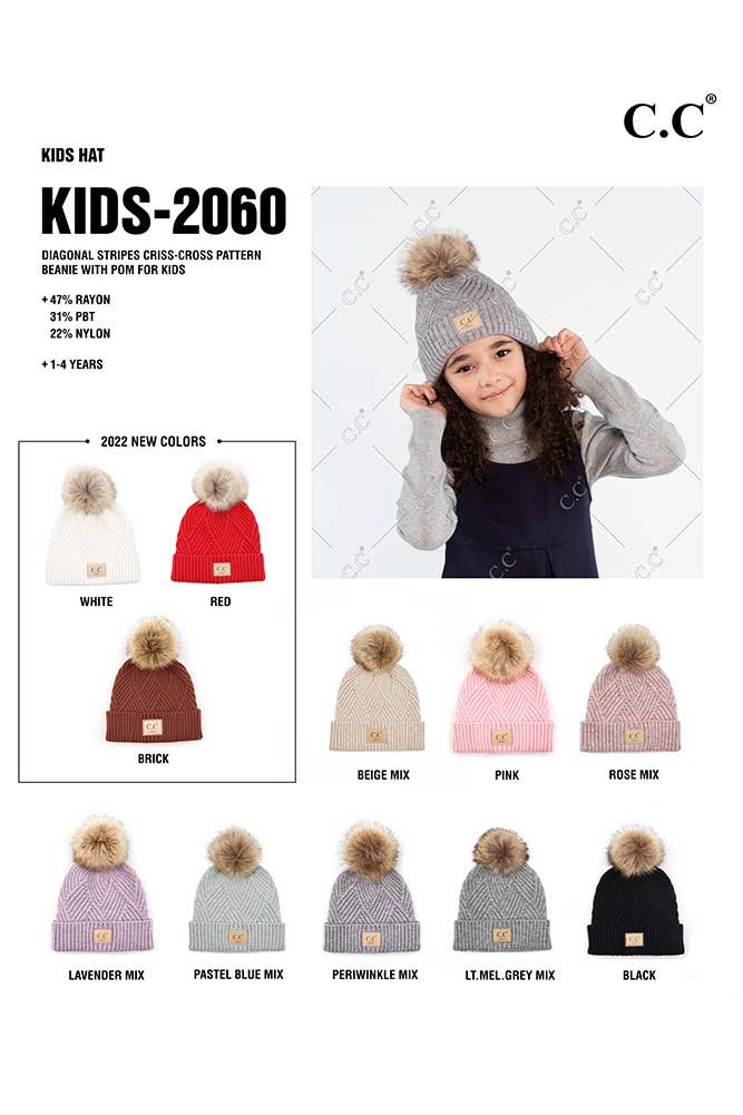 Kids Diagonal Stripe Criss Cross Pattern Pom Beanie | Light Melange Grey