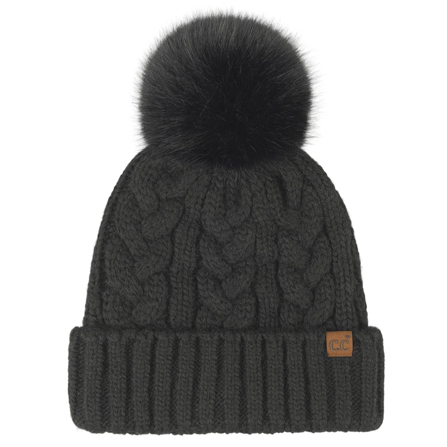 Heather Cable with Satin Lining Pom Beanie | Black