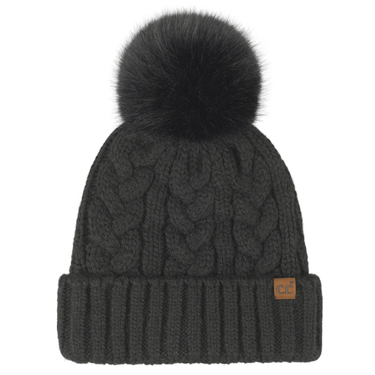 Heather Cable with Satin Lining Pom Beanie | Black