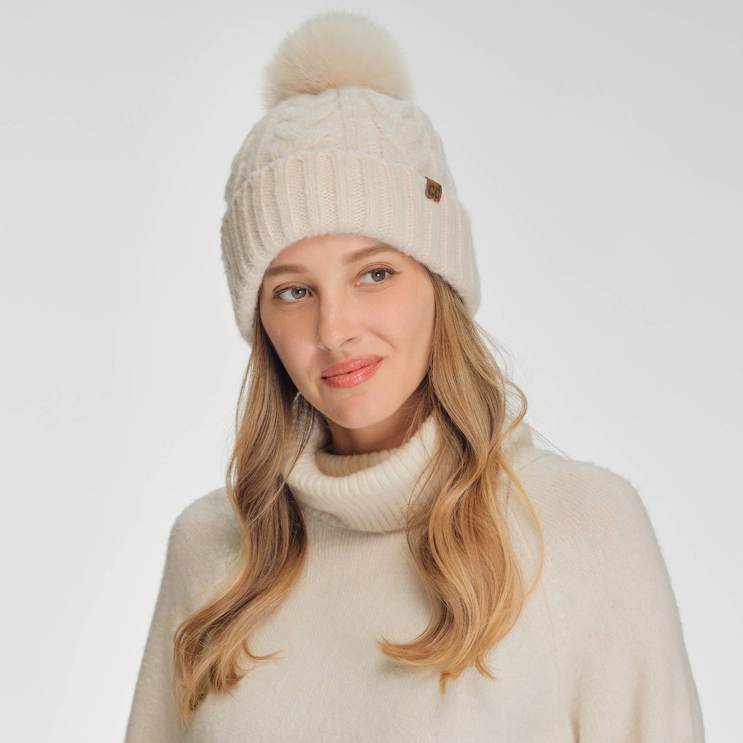 Heather Cable with Satin Lining Pom Beanie | Black