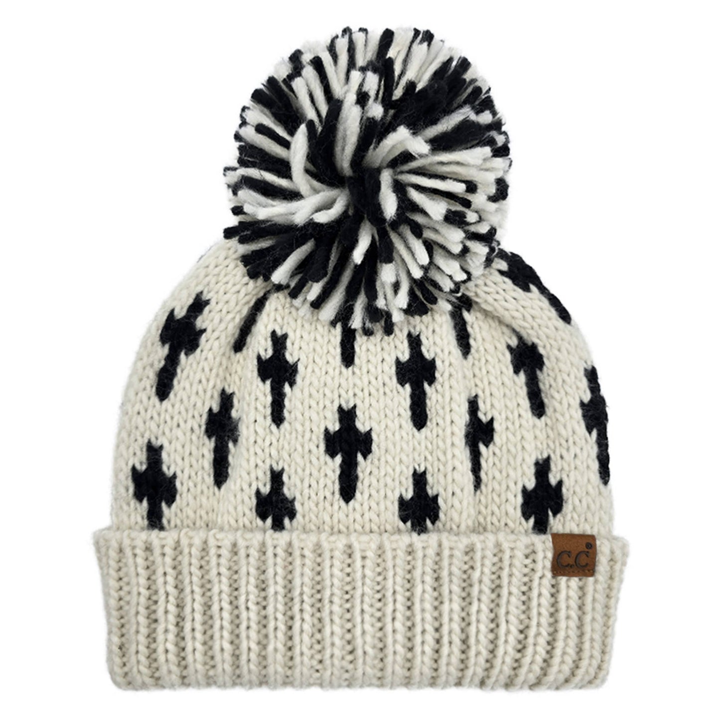 Cross Pattern All Over Yarn Big Pom Beanie | Cream
