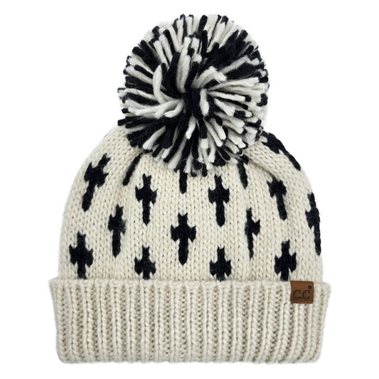 Cross Pattern All Over Yarn Big Pom Beanie | Cream