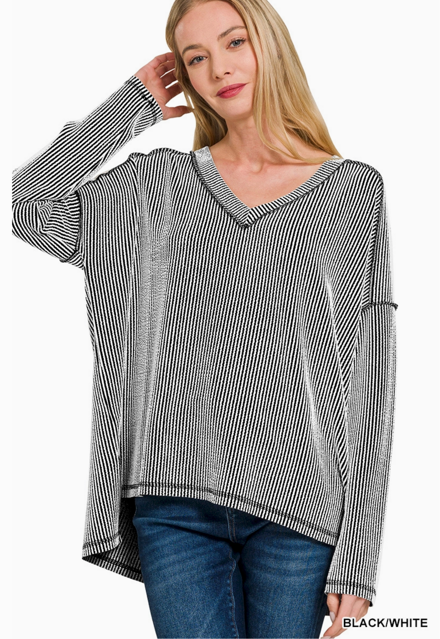 Corded Rib Long Sleeve V Neck Top