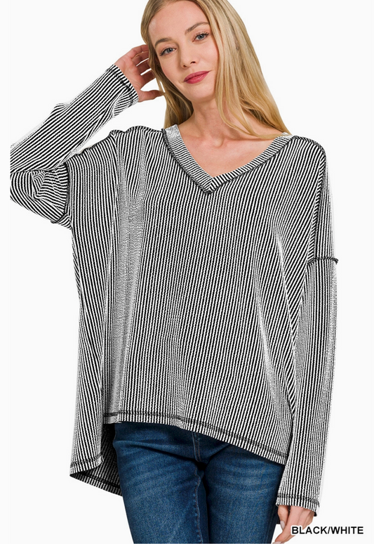 Corded Rib Long Sleeve V Neck Top