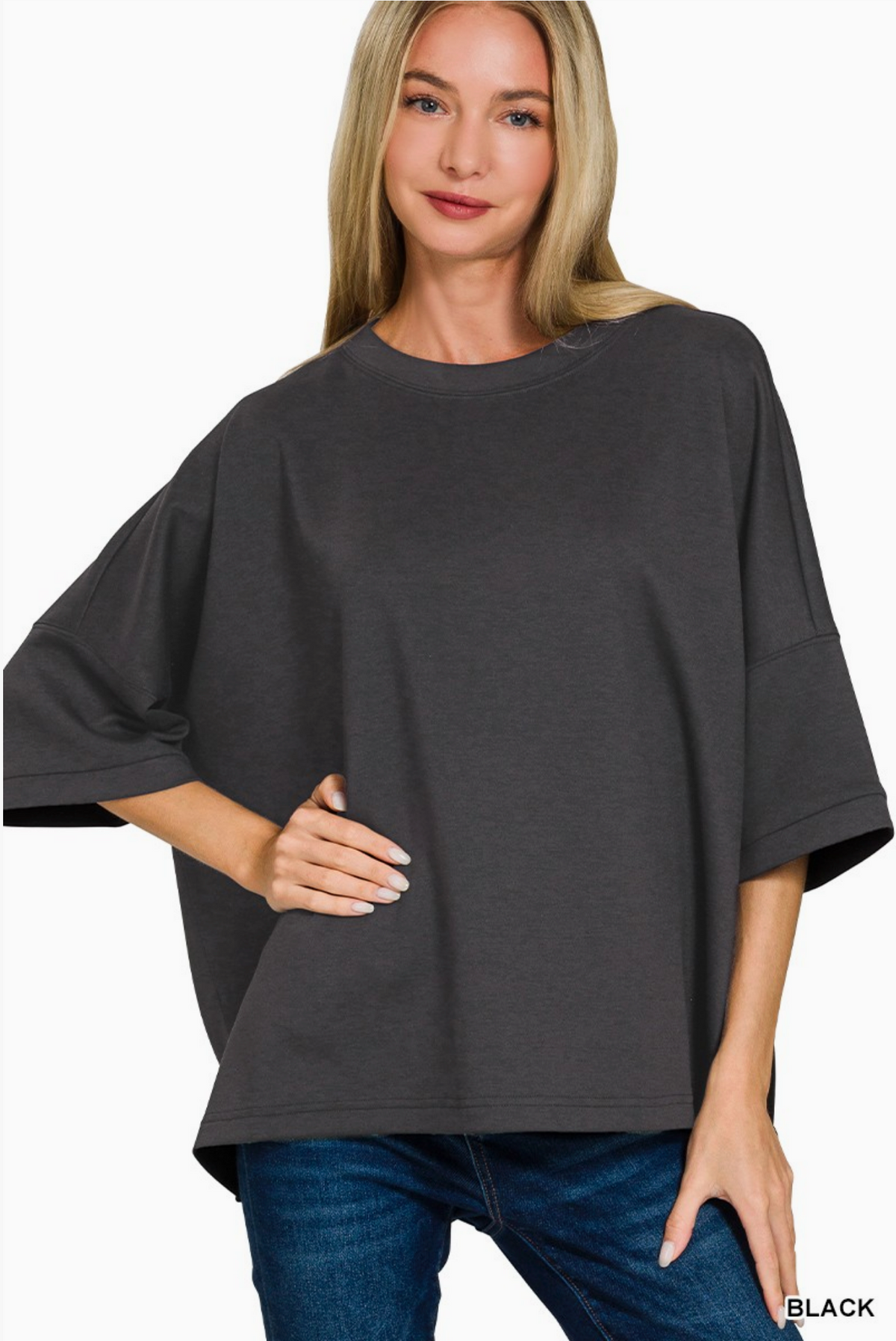 Scuba Round Neck Top with Side Slits | Black