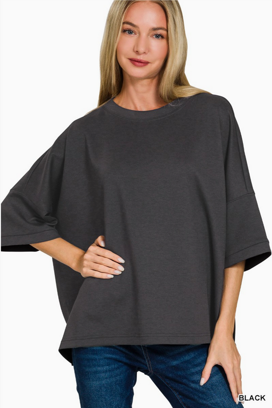 Scuba Round Neck Top with Side Slits | Black