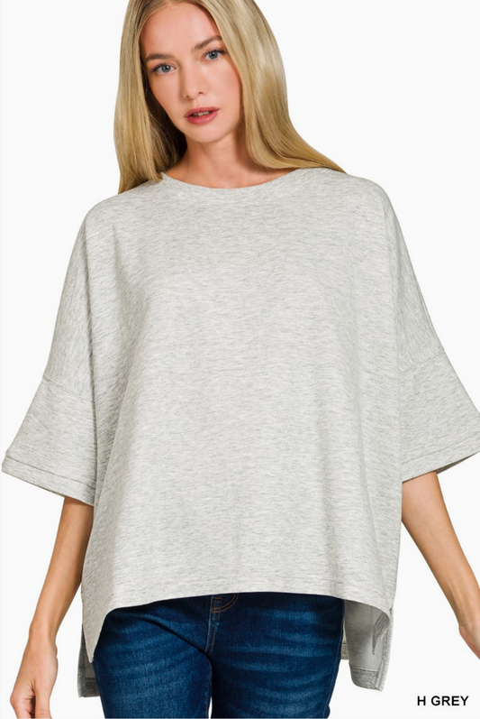 Scuba Round Neck Top with Side Slits | Hthr. Grey