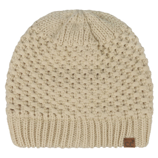 Cross Cell Stitch Knit Satin Lining Beanie Hat | Beige