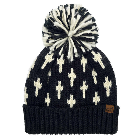 Cross Pattern All Over Yarn Big Pom Beanie | Black