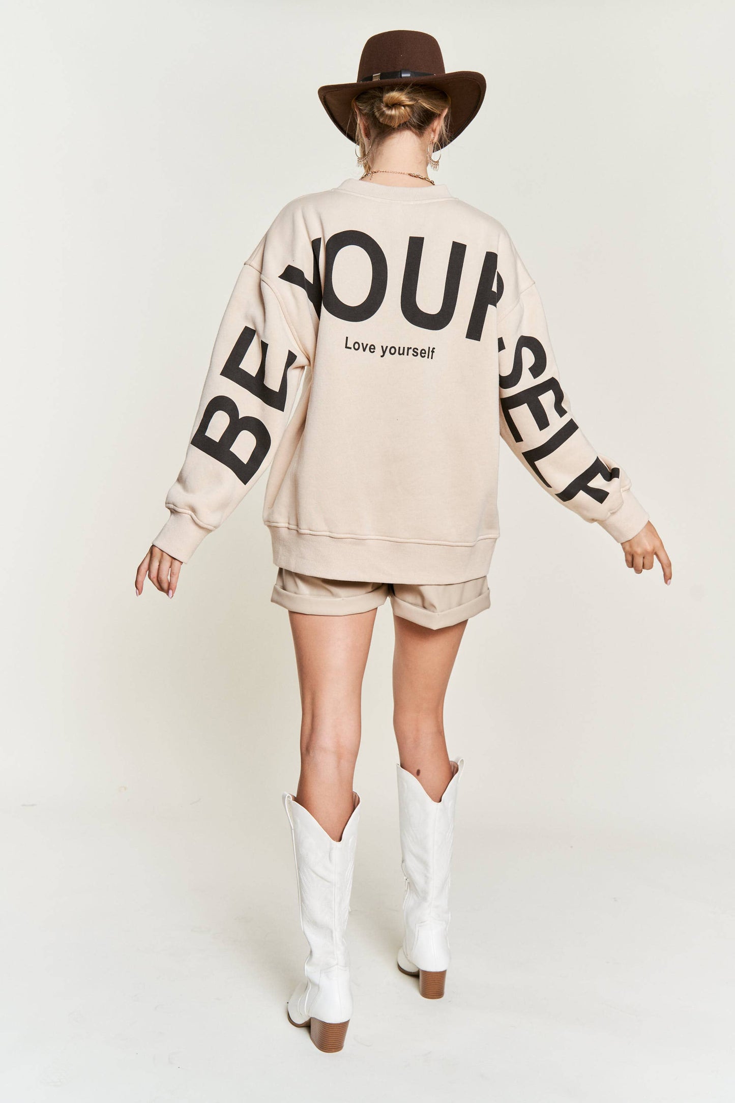 Be Yourself Love Yourself Printed Oversized Sweatshirt | Beige
