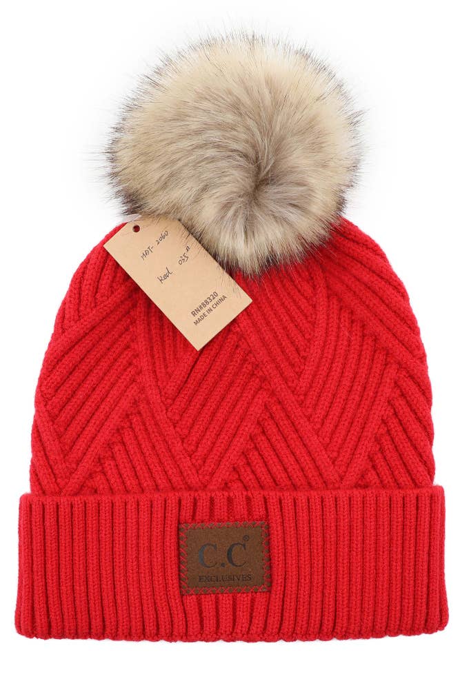 Heather Beanie With Pom And Suede Patch Winter Hat | Red