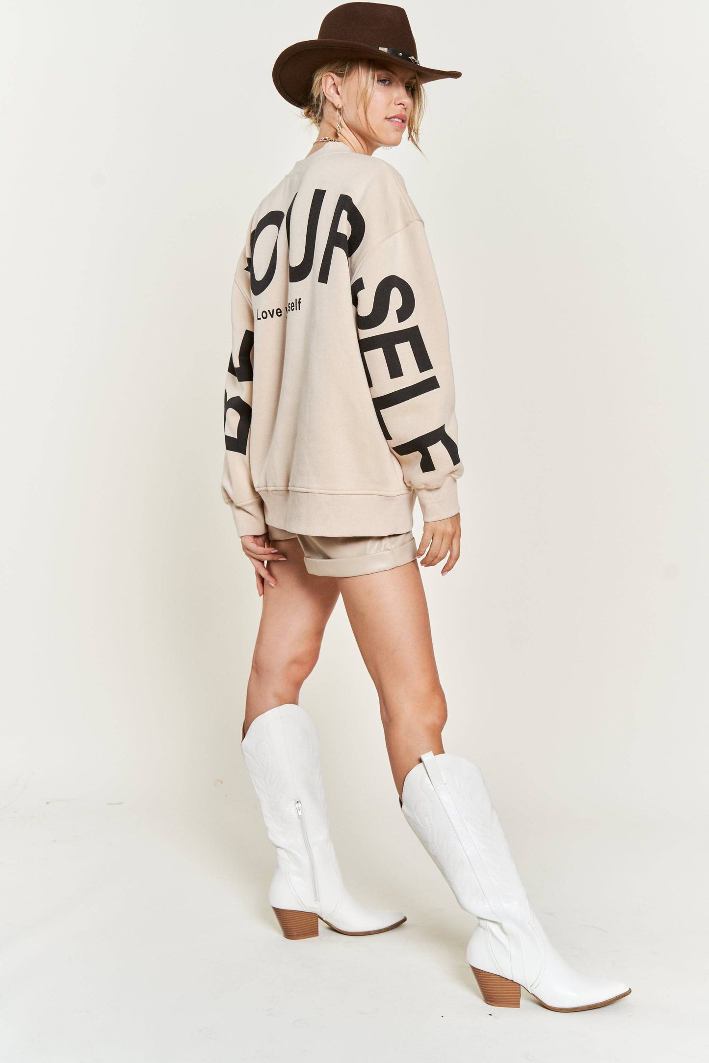 Be Yourself Love Yourself Printed Oversized Sweatshirt | Beige