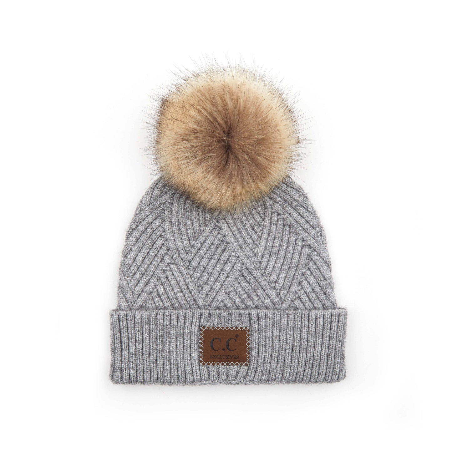 Heather Beanie With Pom And Suede Patch Winter Hat | Light Gray