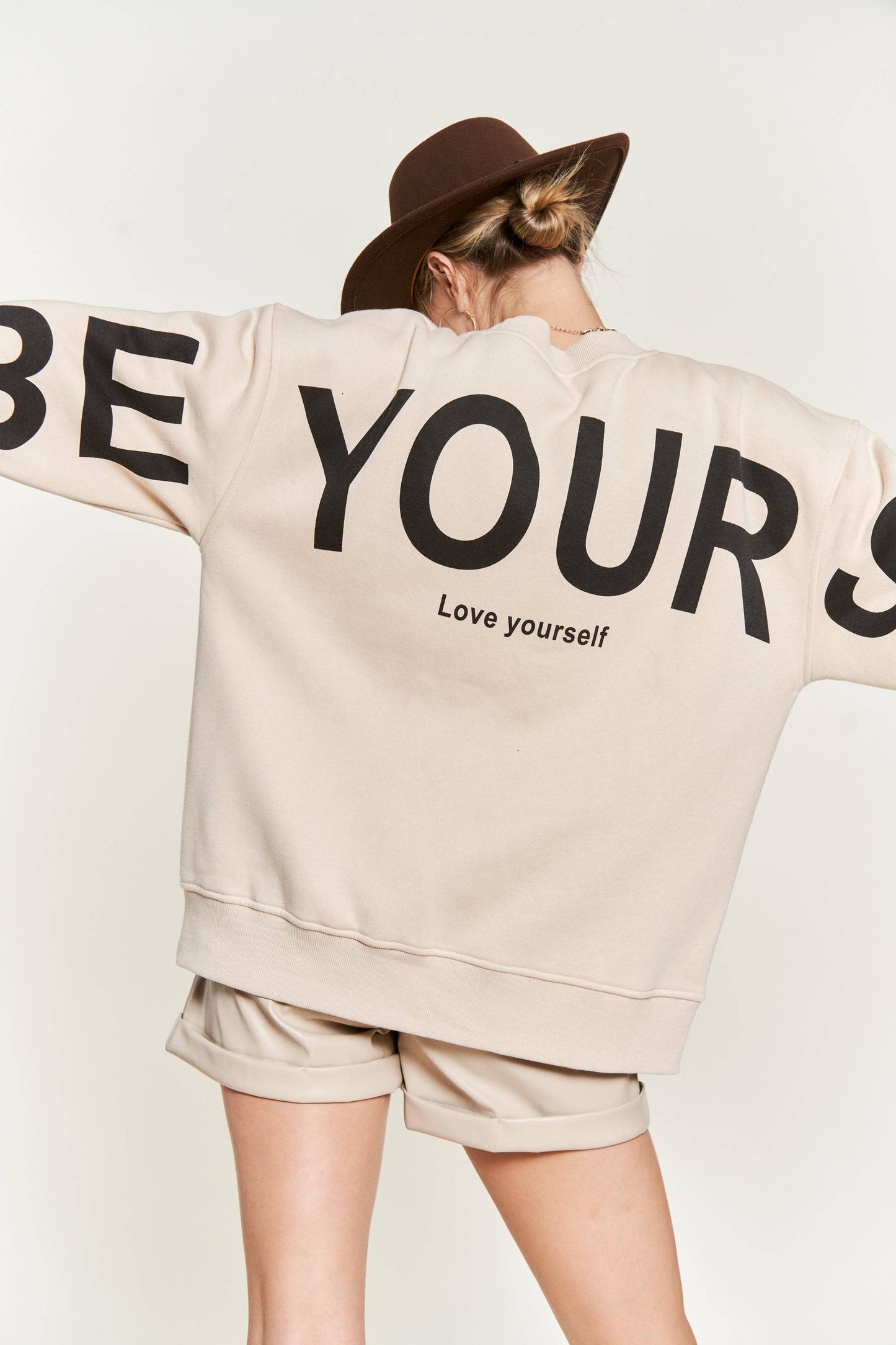 Be Yourself Love Yourself Printed Oversized Sweatshirt | Beige
