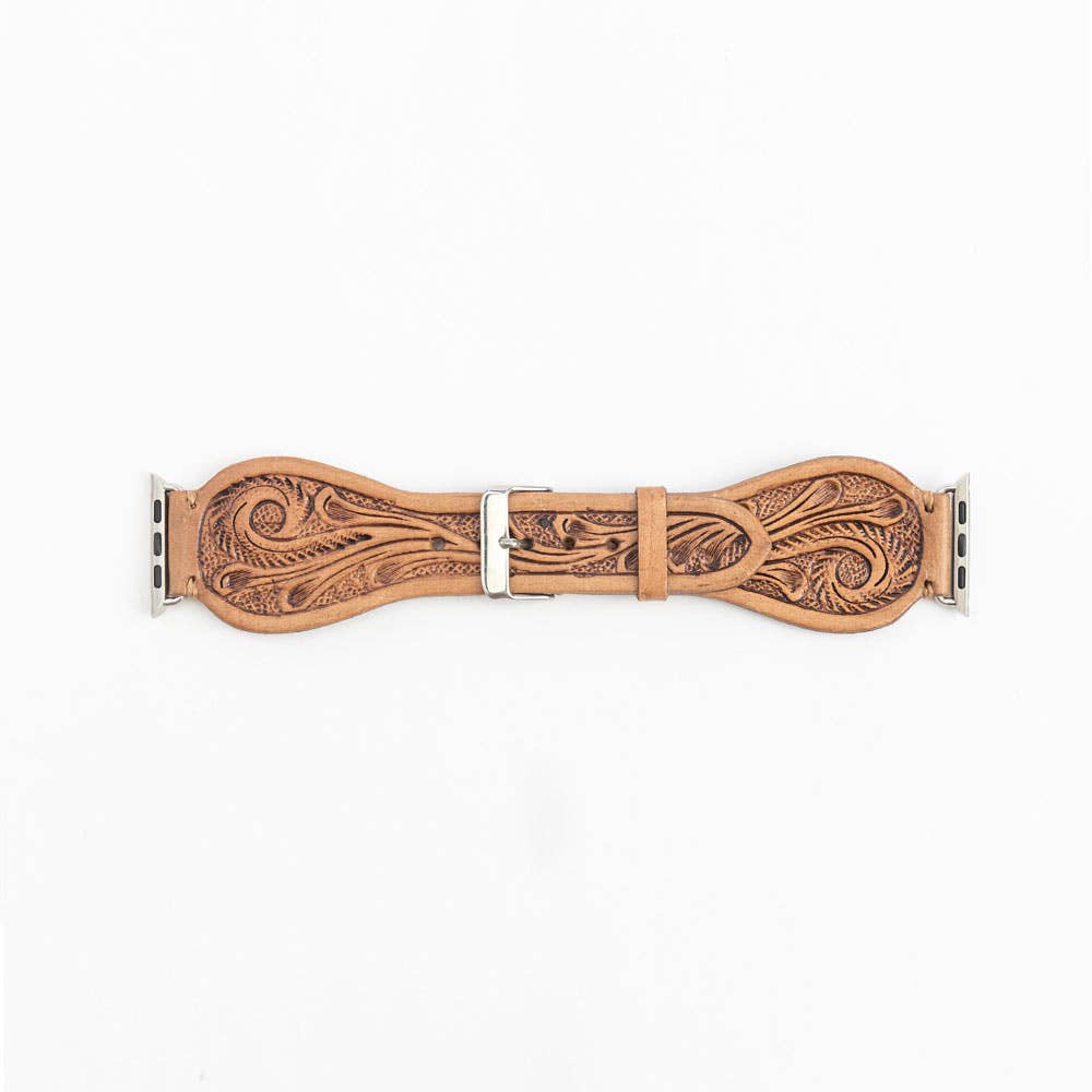 Lone Star Handtooled Leather Watch Band in Light Saddle Tan