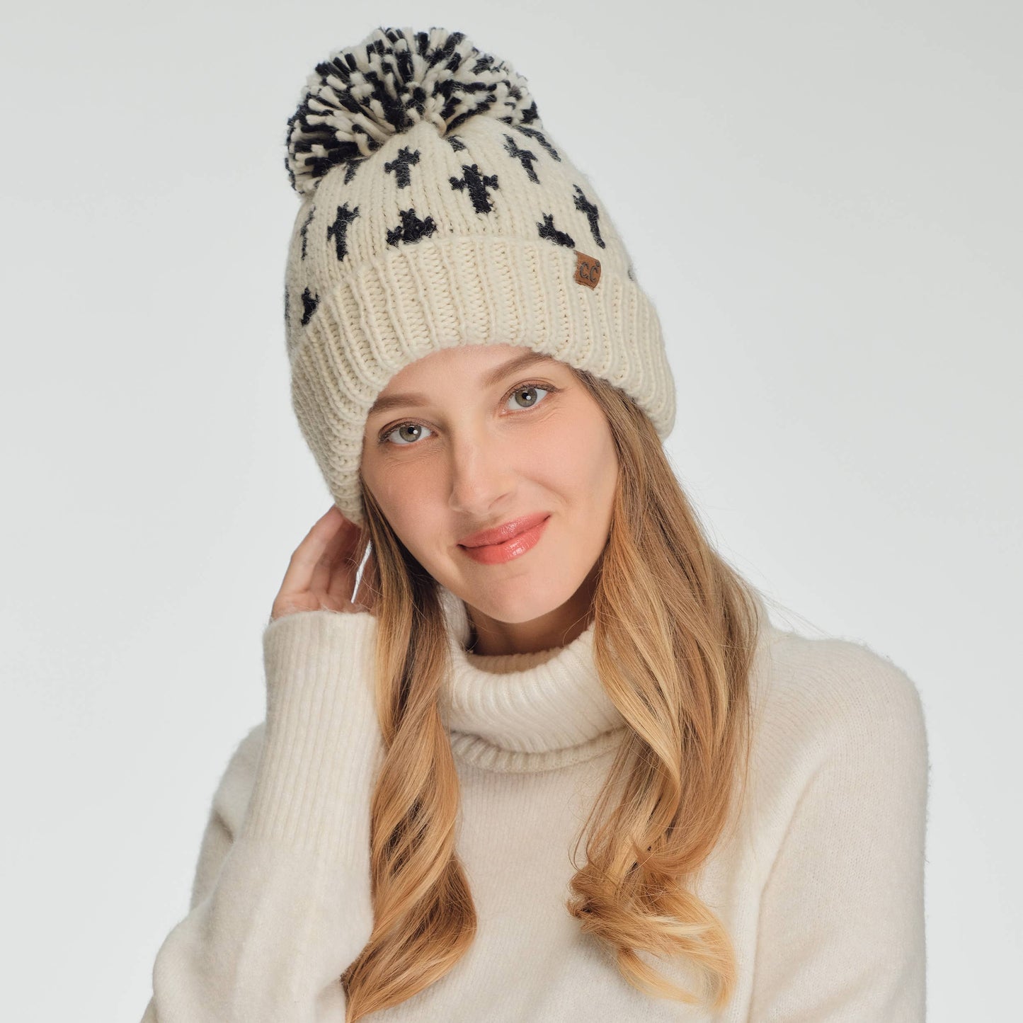 Cross Pattern All Over Yarn Big Pom Beanie | Cream