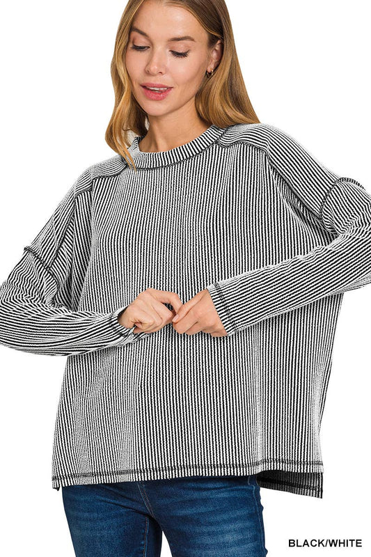 Corded Rib Long Sleeve Boat Neck Top